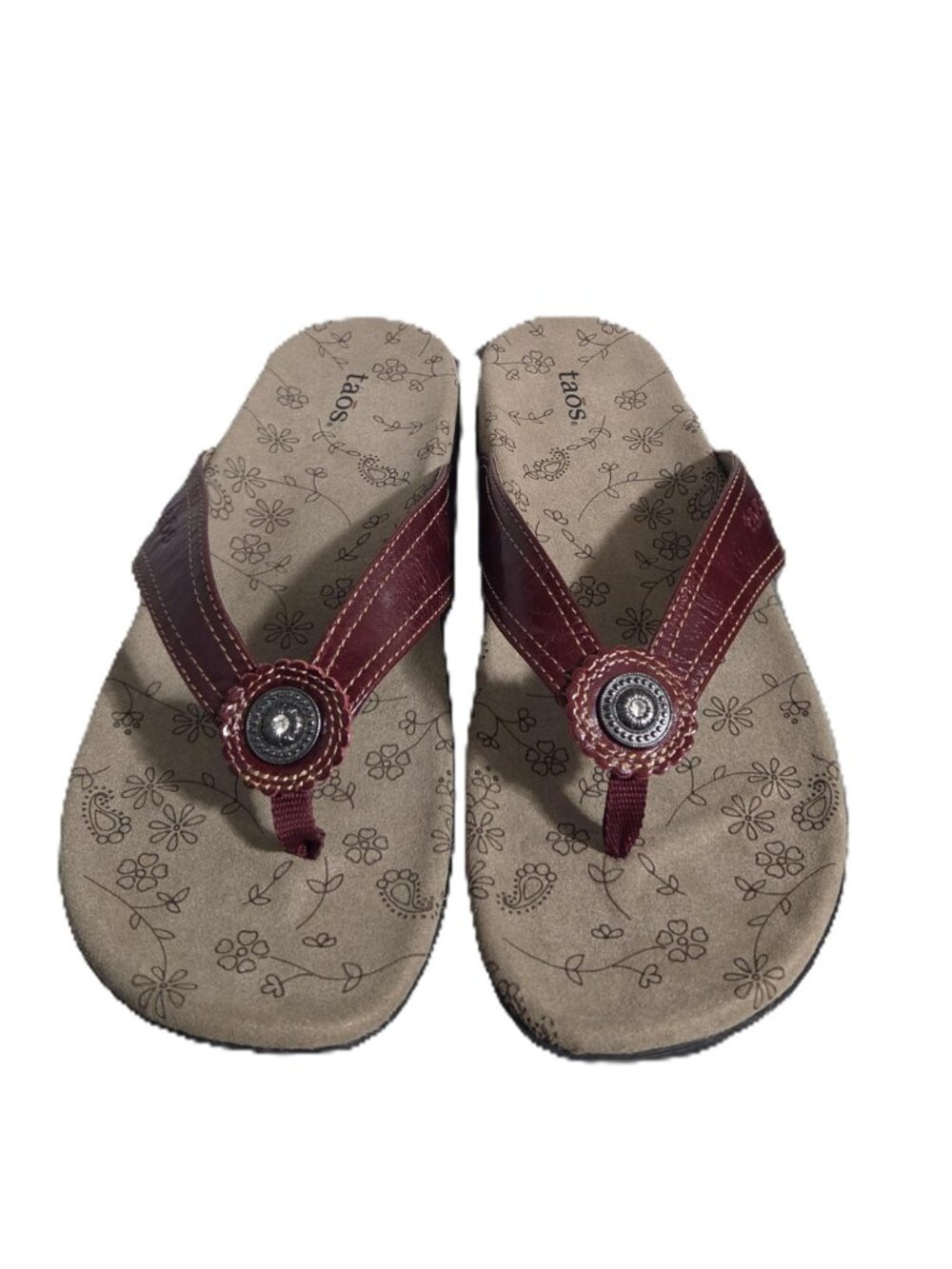Taos Mirage Red Leather Thong Sandals Women’s 11 Comfort Flip Flops Floral - NIB